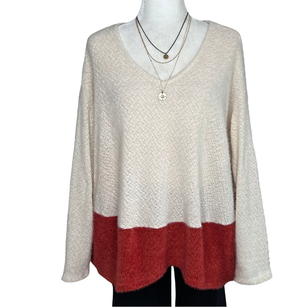Bucket List Sweater 2 Tone V Neck Eyelash Knit Colorblock Ivory Orange Red Large